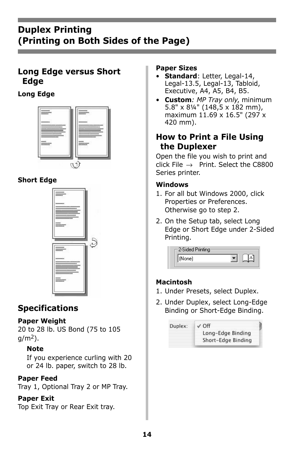 Duplex printing, Long edge versus short edge, Specifications | Oki C8800  User Manual | Page 14 / 87