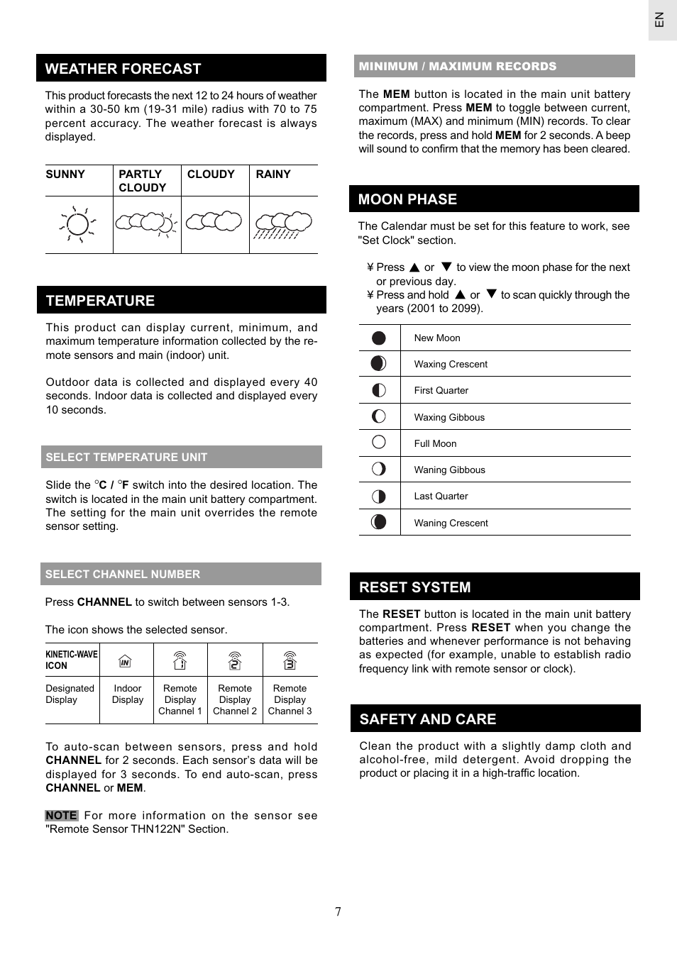 Weather forecast, Temperature, Moon phase | Oregon Scientific Weather  Station BAR626 User Manual | Page 7 / 10 | Original mode