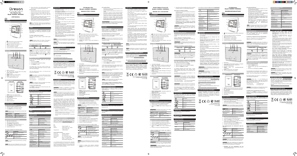 Oregon Scientific BAR800 User Manual | 2 pages | Original mode | Also for:  BAR800A