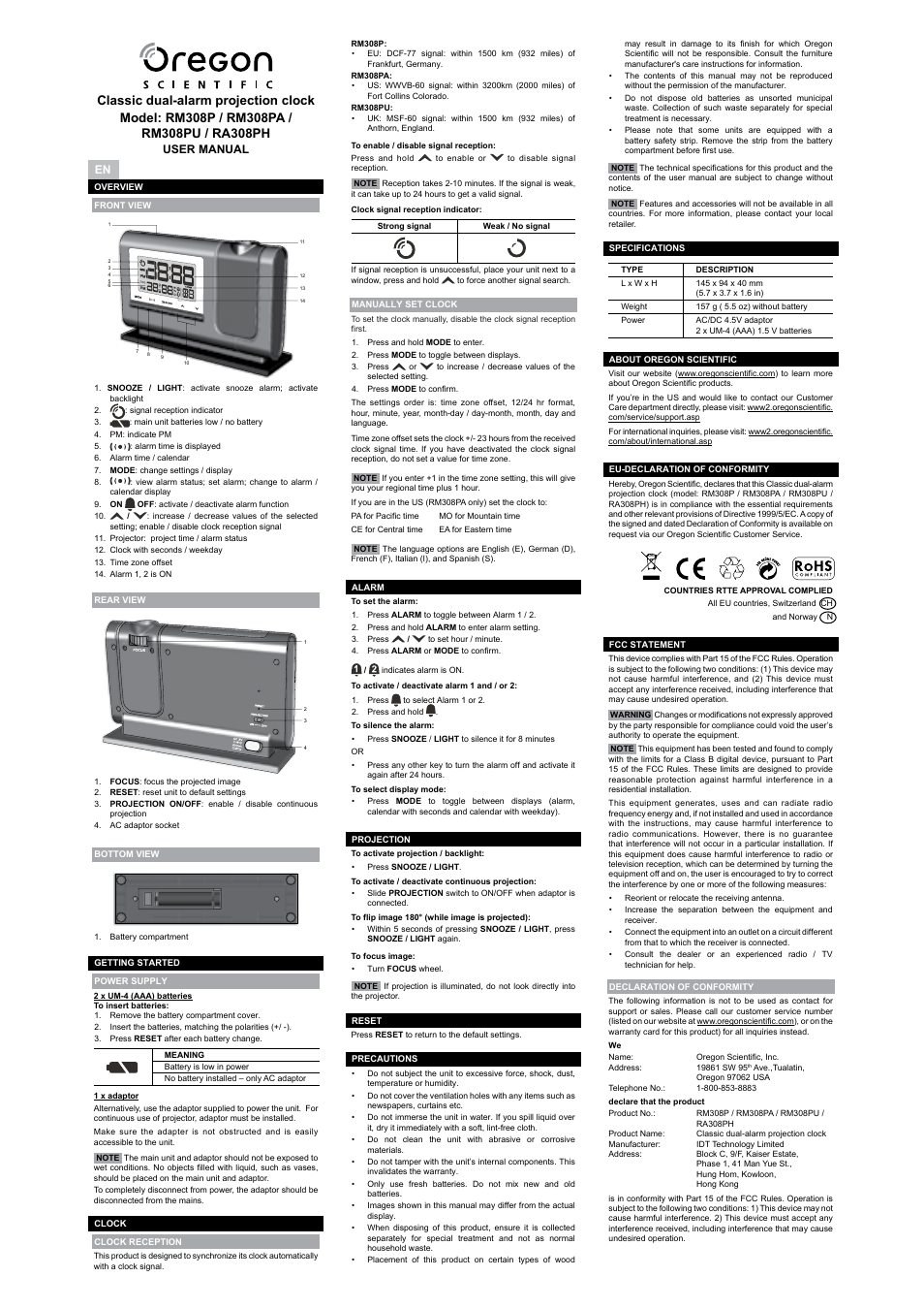 Oregon Scientific RA308PH User Manual | 8 pages | Original mode | Also for:  RM308PA, RM308PU, RM308P