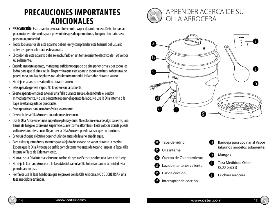 Precauciones importantes adicionales, Aprender acerca de su olla arrocera |  Oster 147869 User Manual | Page 8 / 12