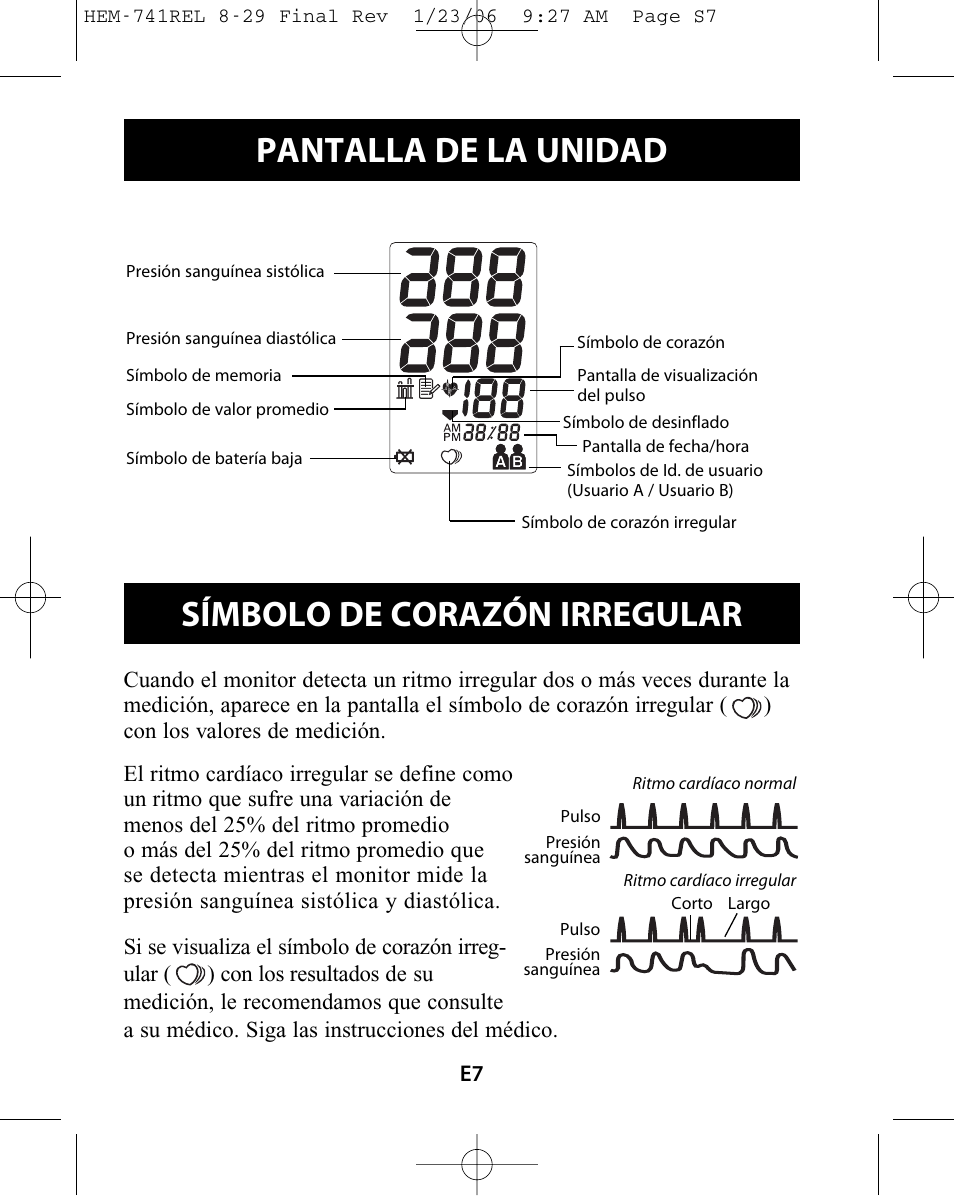 Pantalla de la unidad, Símbolo de corazón irregular | Omron Healthcare  HEM-741CREL User Manual | Page 35 / 56