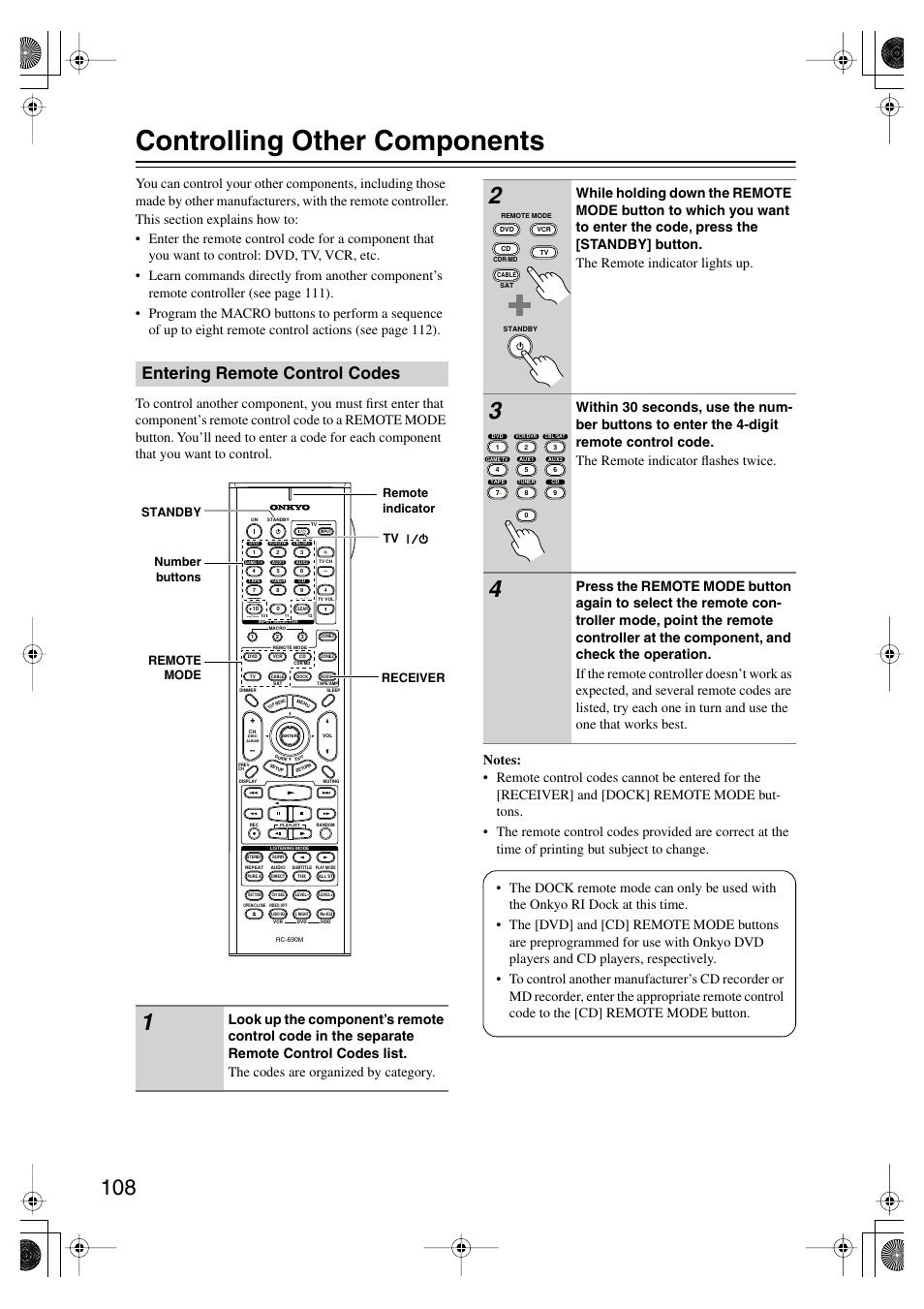 Controlling other components, Entering remote control codes | Onkyo TX SR805  User Manual | Page 108 / 120 | Original mode