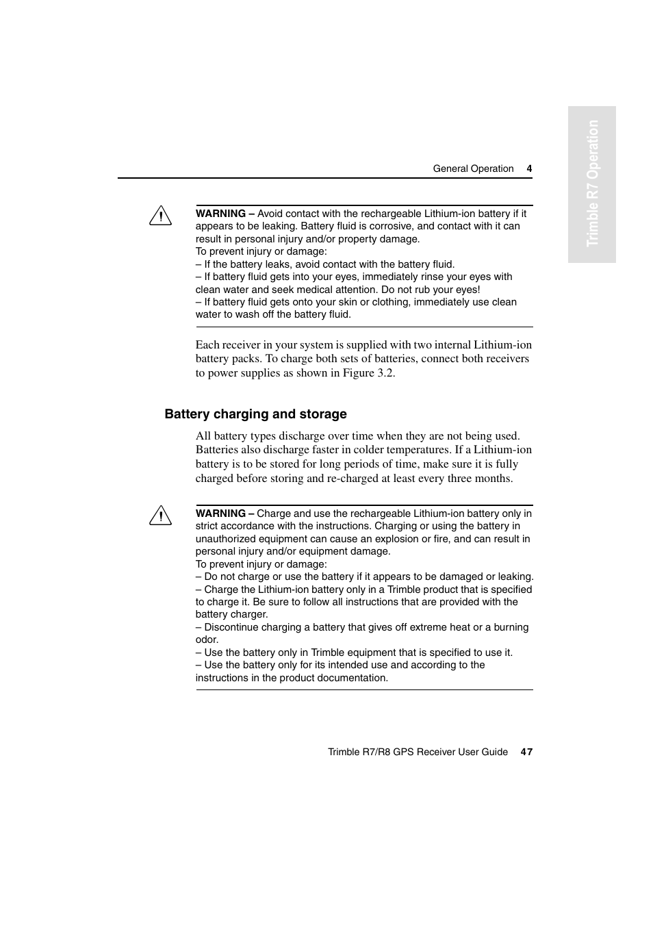 Battery charging and storage | Trimble Outdoors R7 User Manual | Page 59 /  222