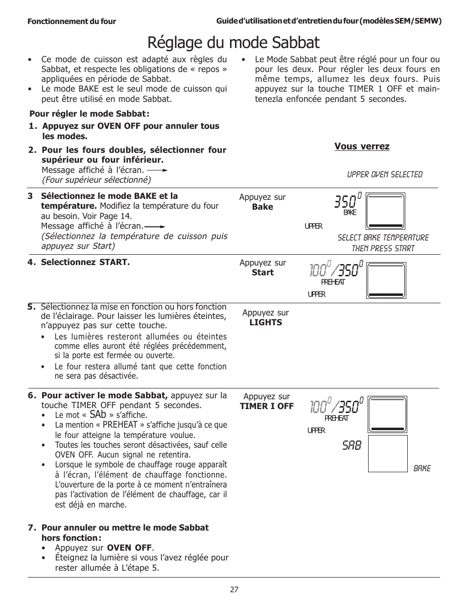 Réglage du mode sabbat | Thermador SEMW272 User Manual | Page 71 / 128