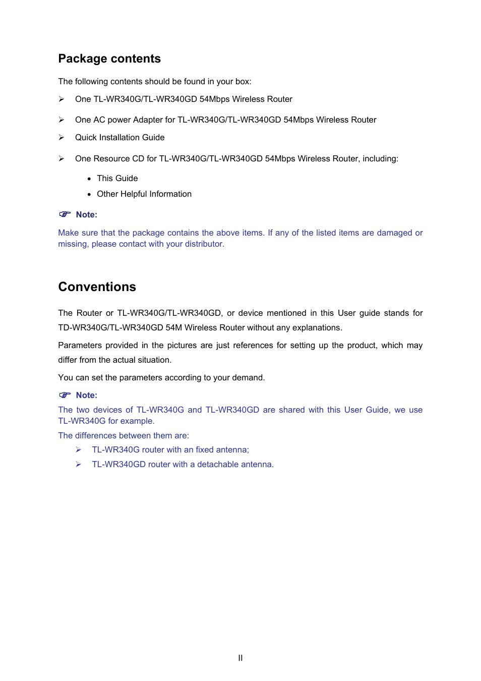 Conventions, Package contents | TP-Link TL-WR340G User Manual | Page 6 / 72
