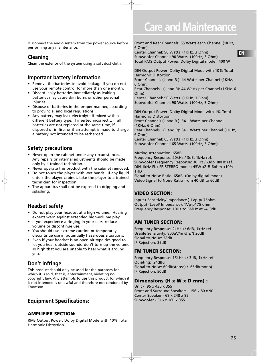 Care and maintenance, Cleaning, Important battery information | Technicolor  - Thomson DPL580HT User Manual | Page 28 / 28 | Original mode