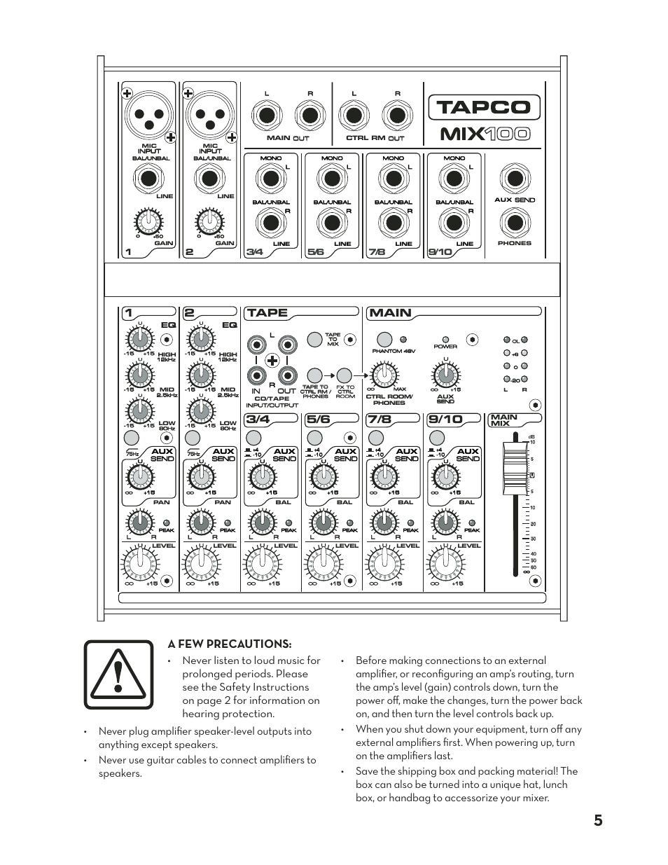 A few precautions, 1tape main 2 | Tapco Mix.120 Manual | Page 5 / 24 | mode