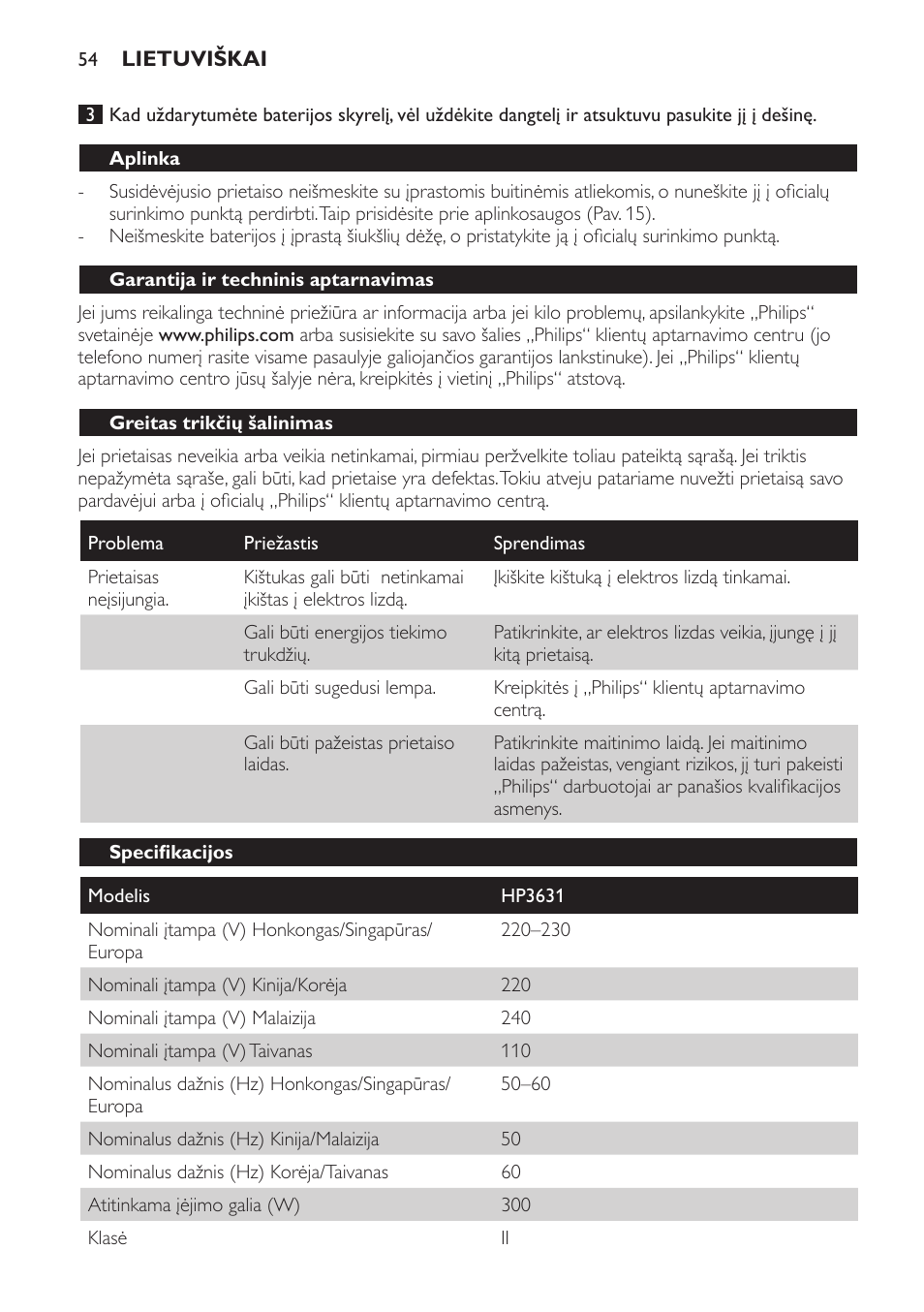 Aplinka, Garantija ir techninis aptarnavimas, Greitas trikčių šalinimas |  Philips HP3631 User Manual | Page 54 / 108