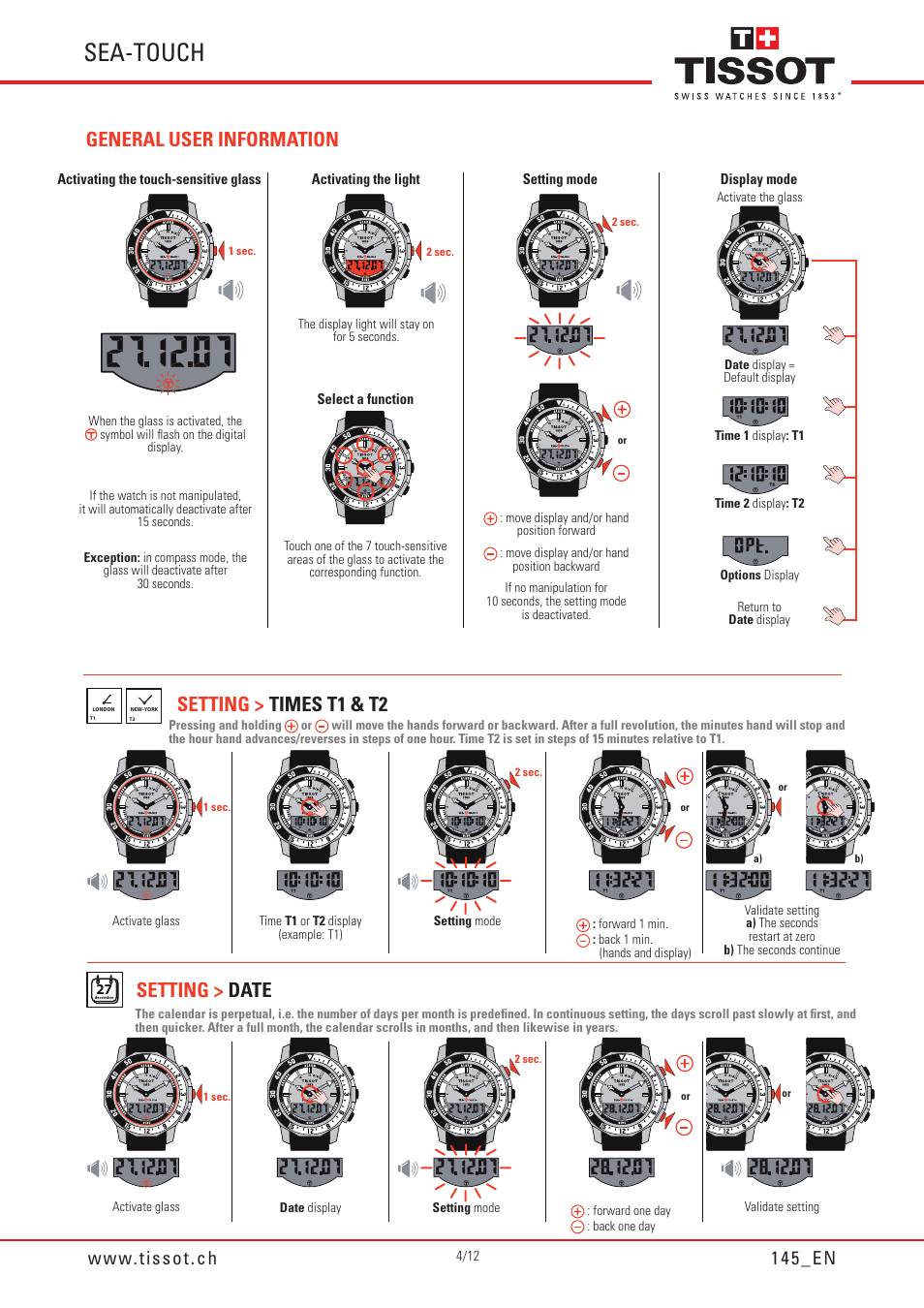 Sea-touch, General user information, Setting > times t1 & t2 setting > date  | Tissot SEA-TOUCH 145 User Manual | Page 4 / 12 | Original mode