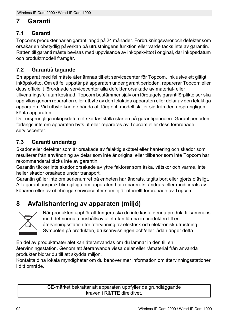 7garanti, 8avfallshantering av apparaten (miljö) | Topcom HBM 1000 User  Manual | Page 92 / 168