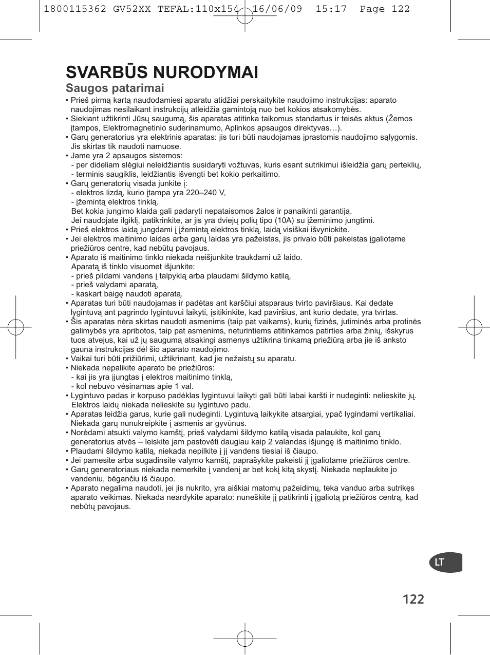 Svarbūs nurodymai, Saugos patarimai | Tefal EasyCord Pressing GV5240 User  Manual | Page 125 / 134 | Original mode