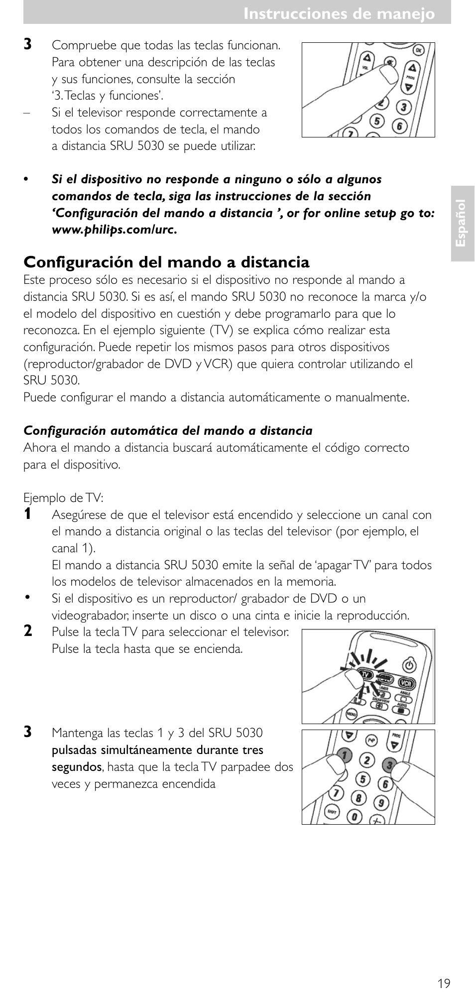 Configuración del mando a distancia, Instrucciones de manejo | Philips  SRU5030 User Manual | Page 18 / 83 | Original mode