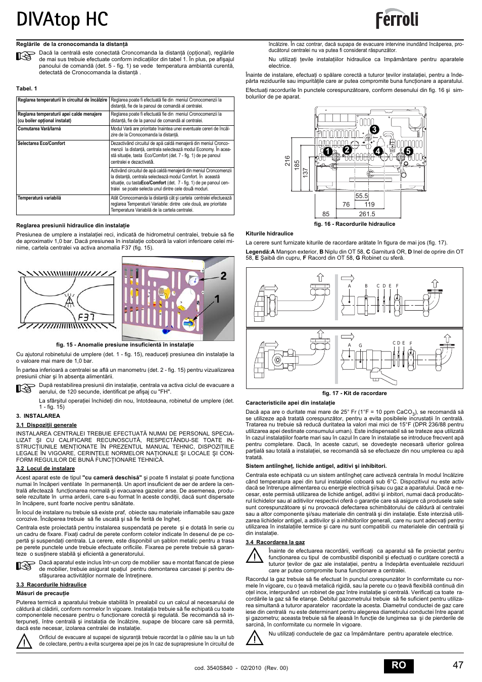 Divatop hc, 47 ro | FERROLI Divatop H C User Manual | Page 47 / 72 |  Original mode
