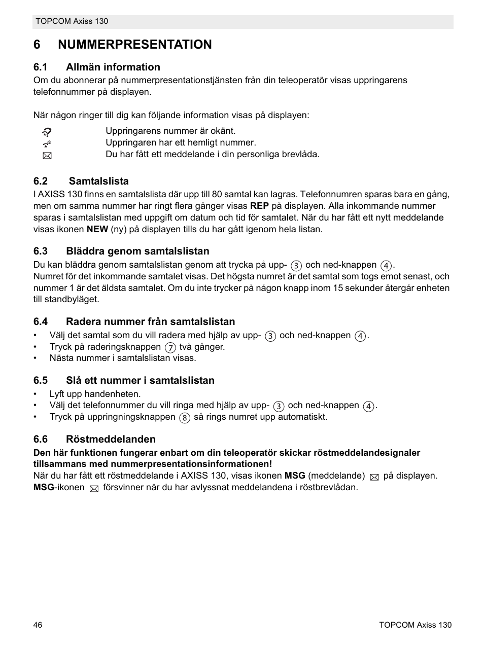 6nummerpresentation  Topcom AXISS 130 User Manual  Page 46 / 76