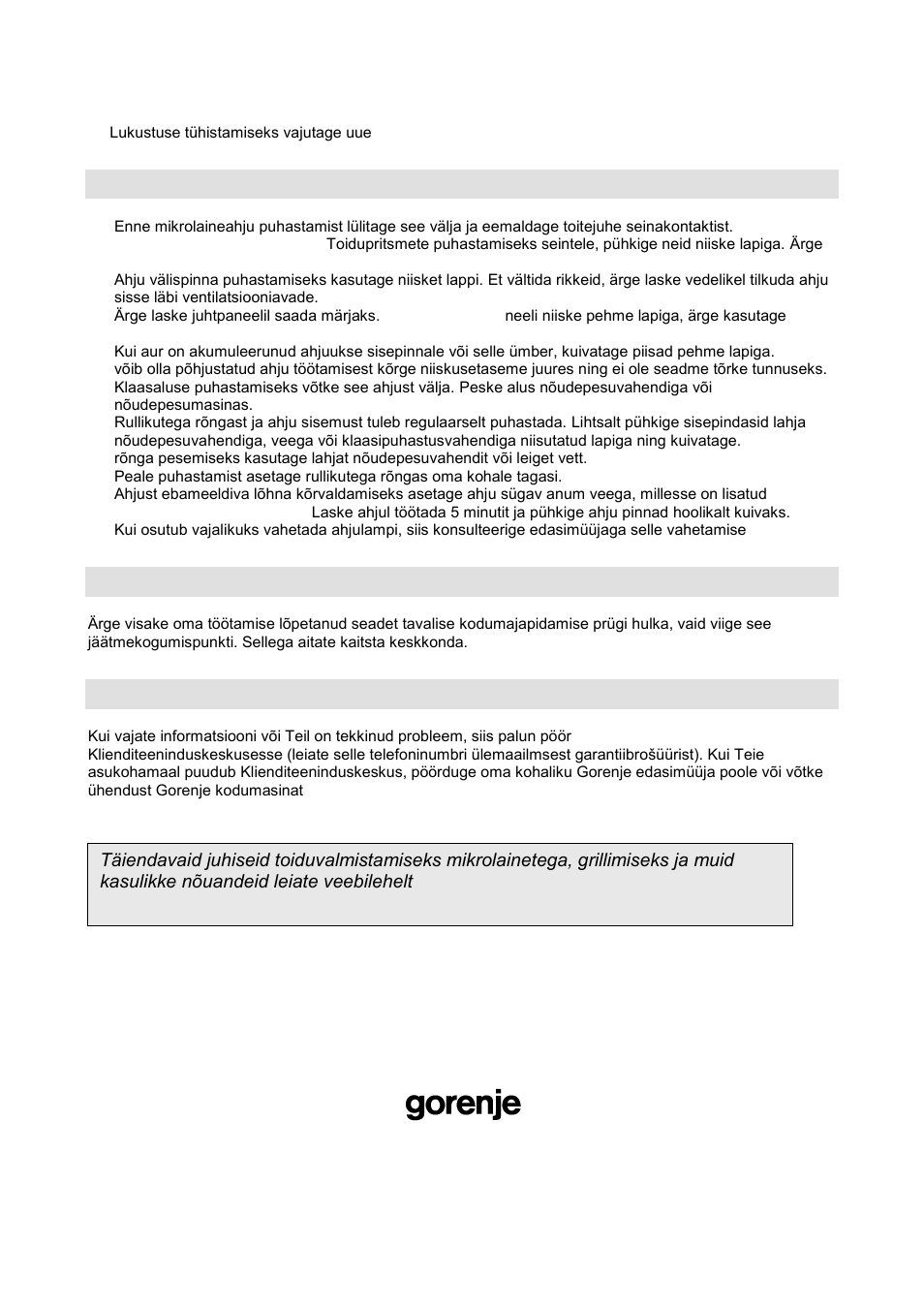 Mikrolaineahju hooldamine, Keskkond, Garantii & hooldus | Gorenje GMO-20  DGB User Manual | Page 140 / 152 | Original mode