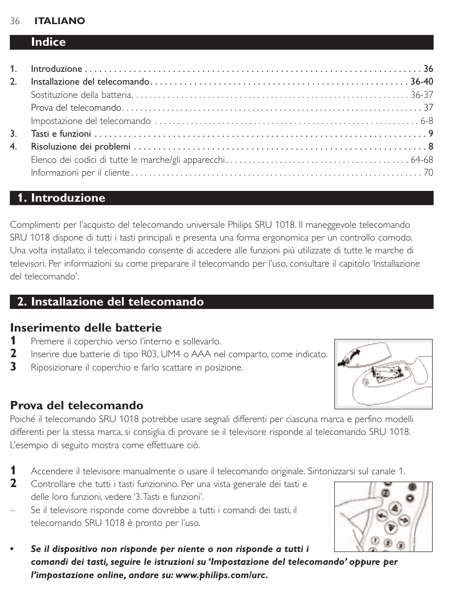 Indice, Introduzione, Prova del telecomando | Philips SRU1018 User Manual |  Page 36 / 72