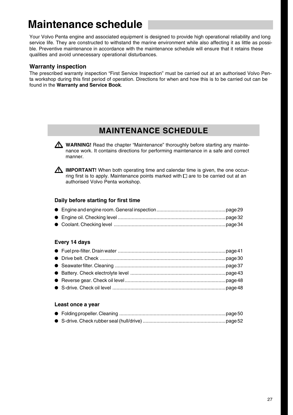 Maintenance schedule | Volvo Penta D2-75 User Manual | Page 29 / 68 ...