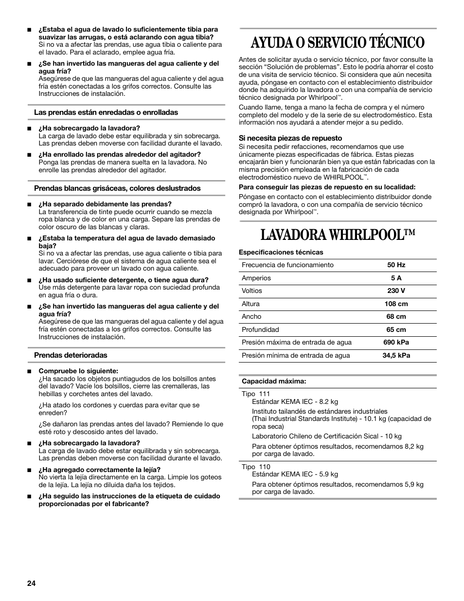 Ayuda o servicio técnico, Lavadora whirlpool | Whirlpool 3XWTW5705 User  Manual | Page 24 / 36 | Original mode