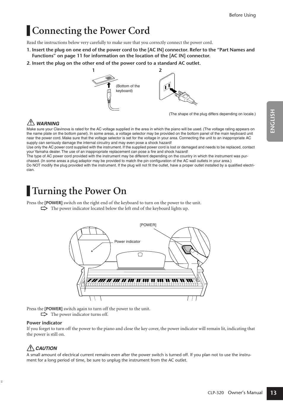 Connecting the power cord, Turning the power on | Yamaha Clavinova CLP-320  User Manual | Page 13 / 44
