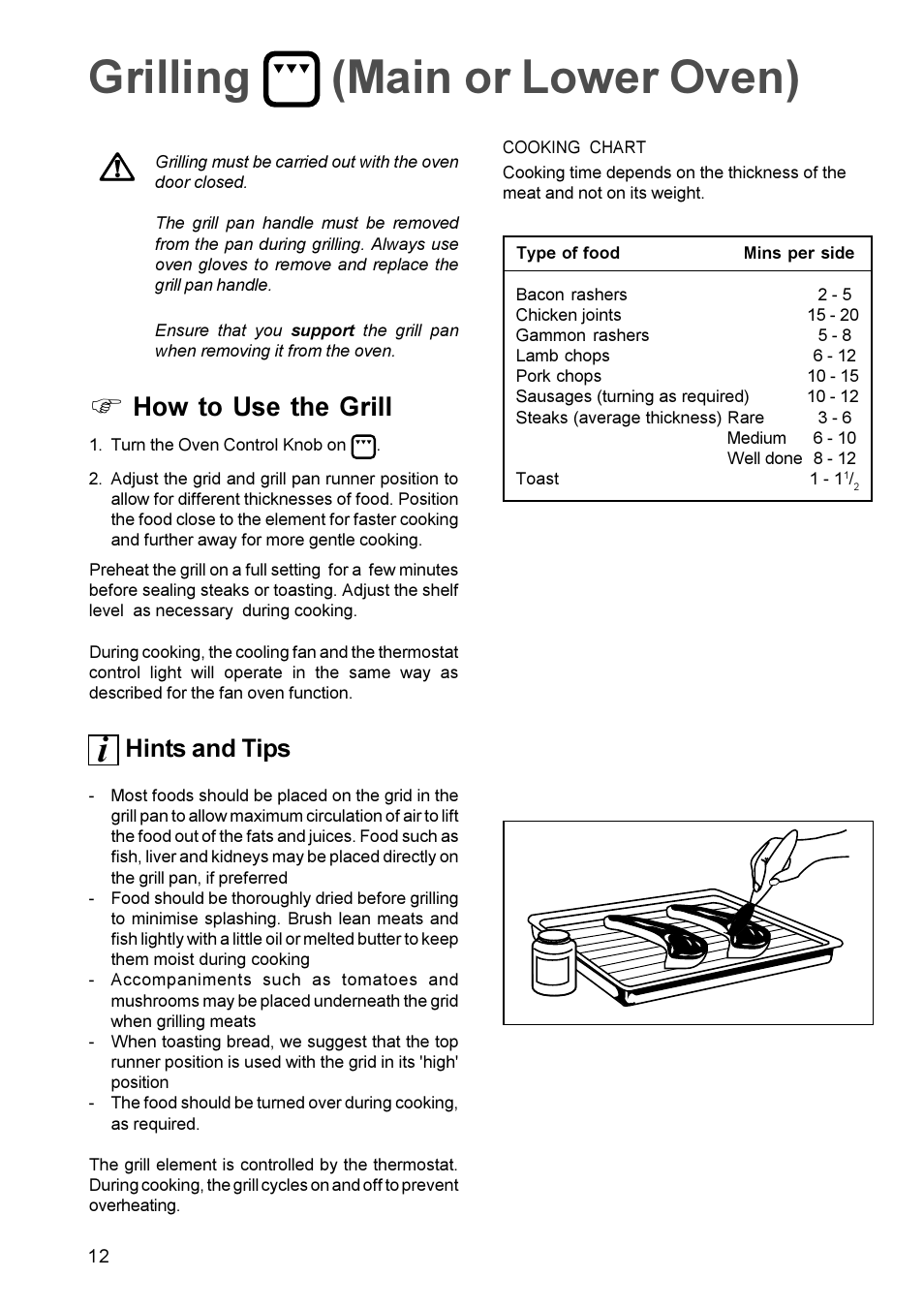 Grilling (main or lower oven), How to use the grill, Hints and tips |  Zanussi ZDC 888 User Manual | Page 12 / 20 | Original mode