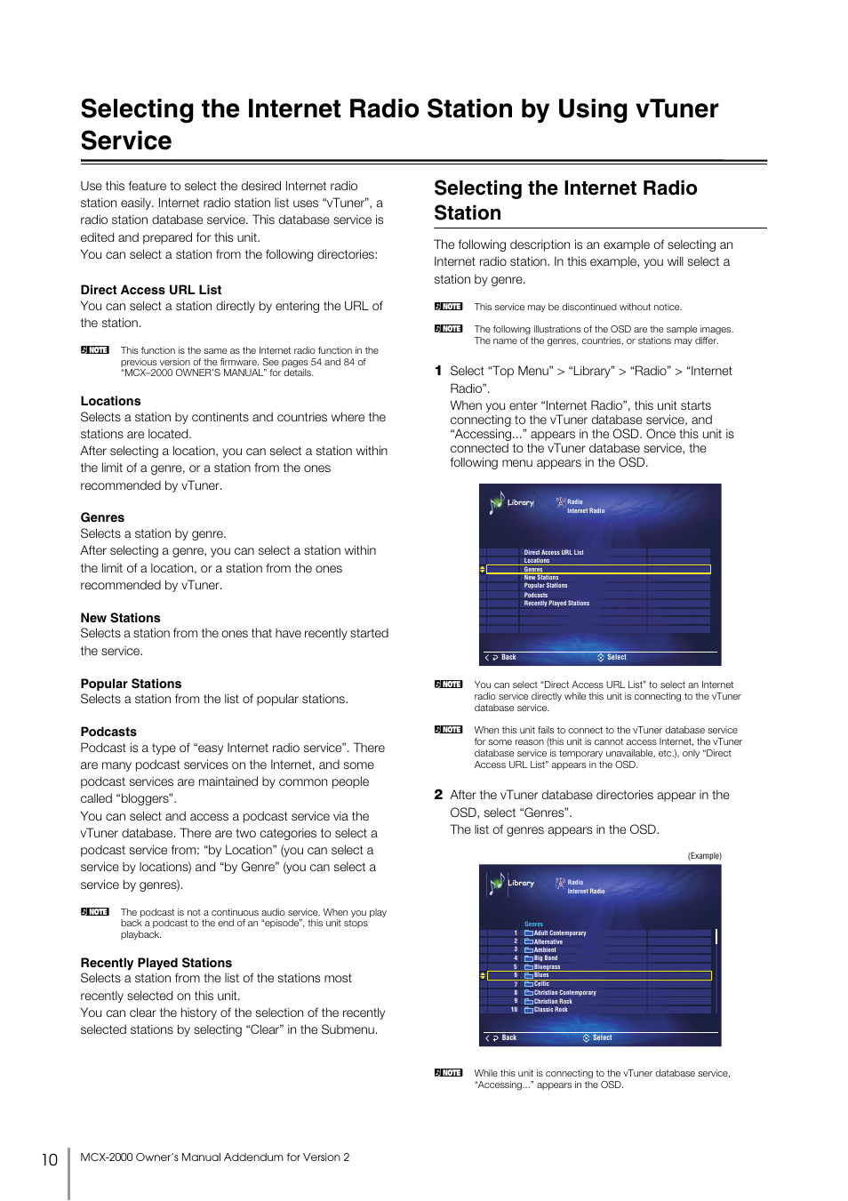Selecting the internet radio station, By using vtuner service | Yamaha  MCX-2000 User Manual | Page 10 / 25
