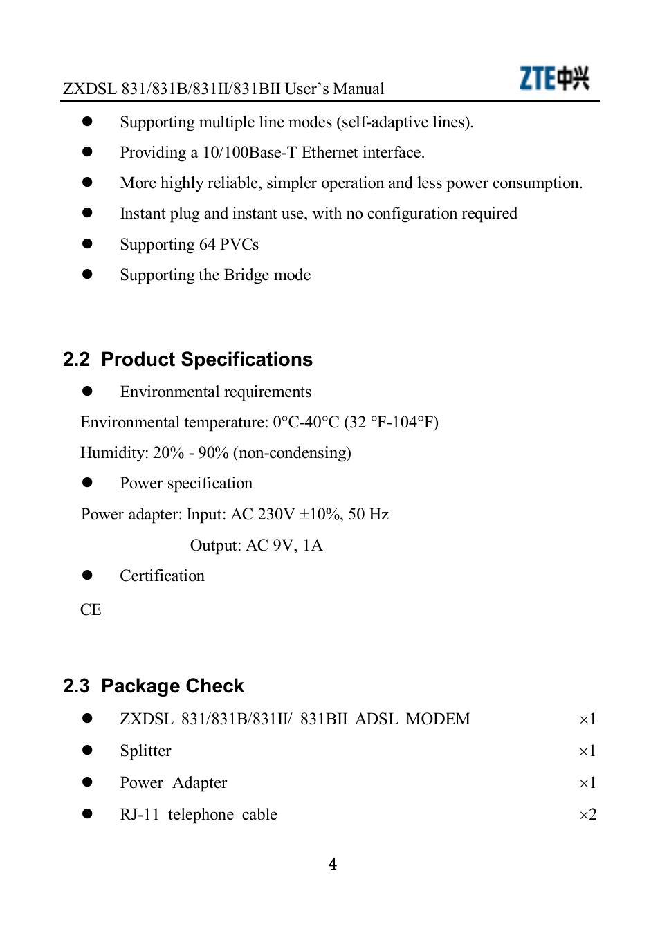 2 product specifications, 3 package check | ZTE ZXDSL 831 User Manual |  Page 9 / 20