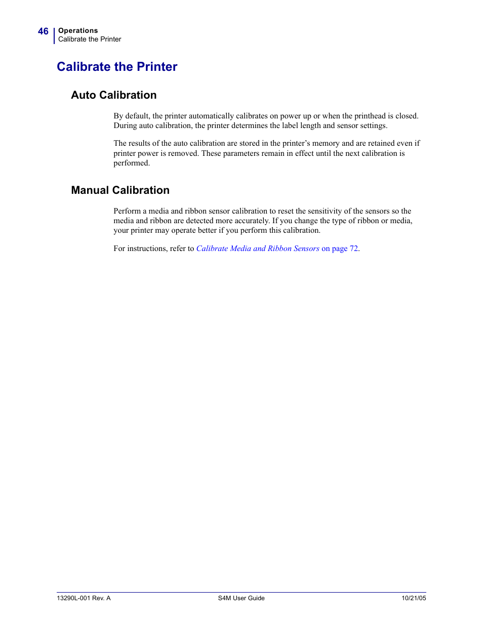 Calibrate the printer, Auto calibration, Manual calibration | Zebra S4M  User Manual | Page 52 / 132