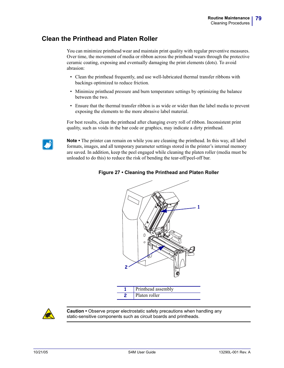 Clean the printhead and platen roller | Zebra S4M User Manual | Page 85 /  132