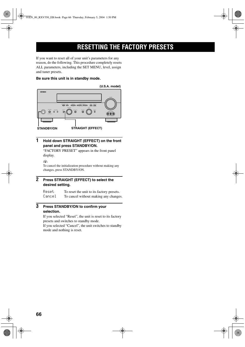 Resetting the factory presets | Yamaha RX-V550 User Manual | Page 68 / 78 |  Original mode