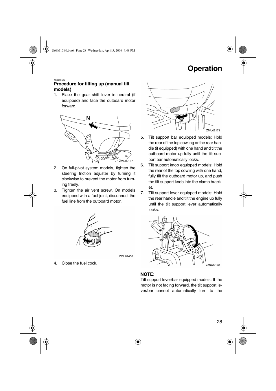 Procedure for tilting up, Manual tilt models), Operation | Yamaha F25 User  Manual | Page 33 / 66 | Original mode