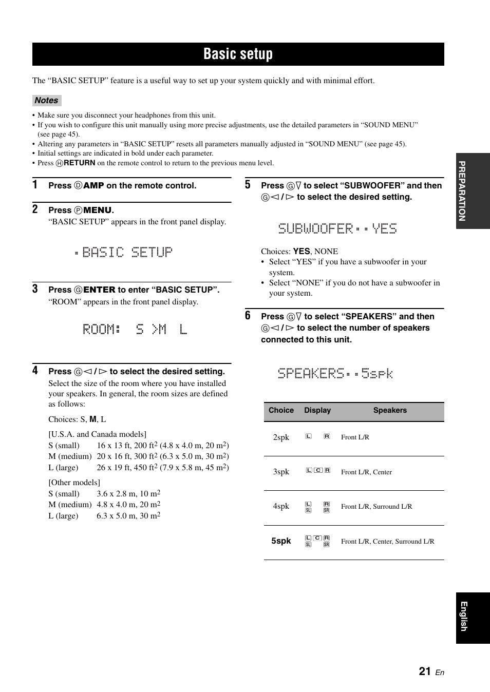 Basic setup, P. 21, Room: s >m l | Yamaha HTR-6030 User Manual | Page 25 /  78 | Original mode