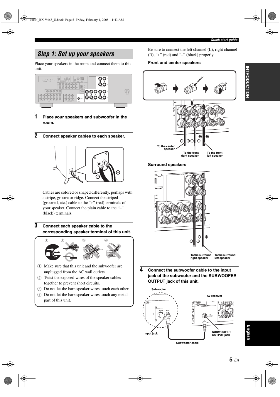 Step 1: set up your speakers, P. 5 | Yamaha RX-V463 User Manual | Page 9 /  106