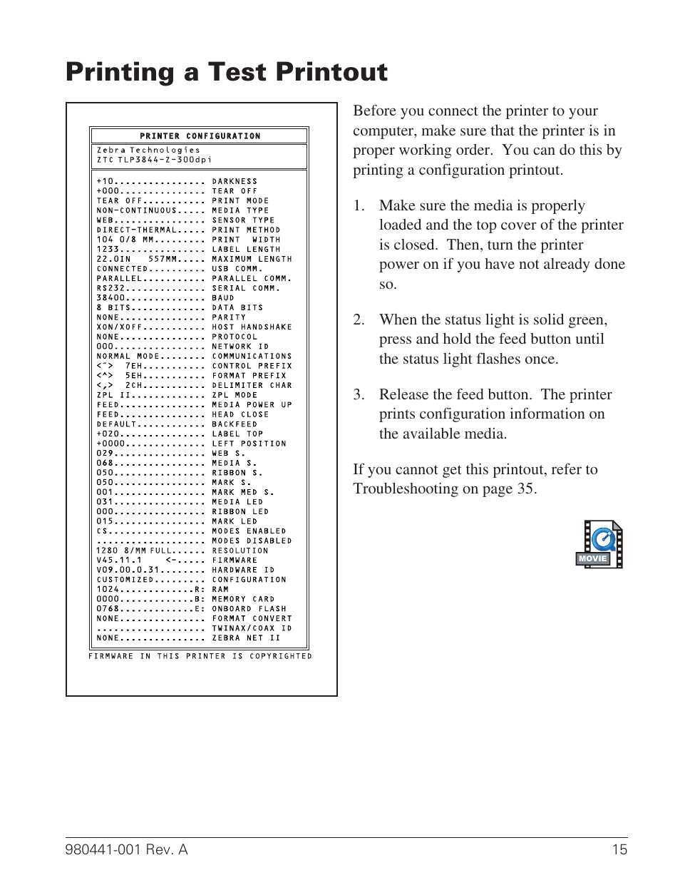 Printing a test printout 15, Configuration label 15, 41, Test label 15 |  Zebra Technologies TLP 3844-Z User Manual | Page 23 / 68