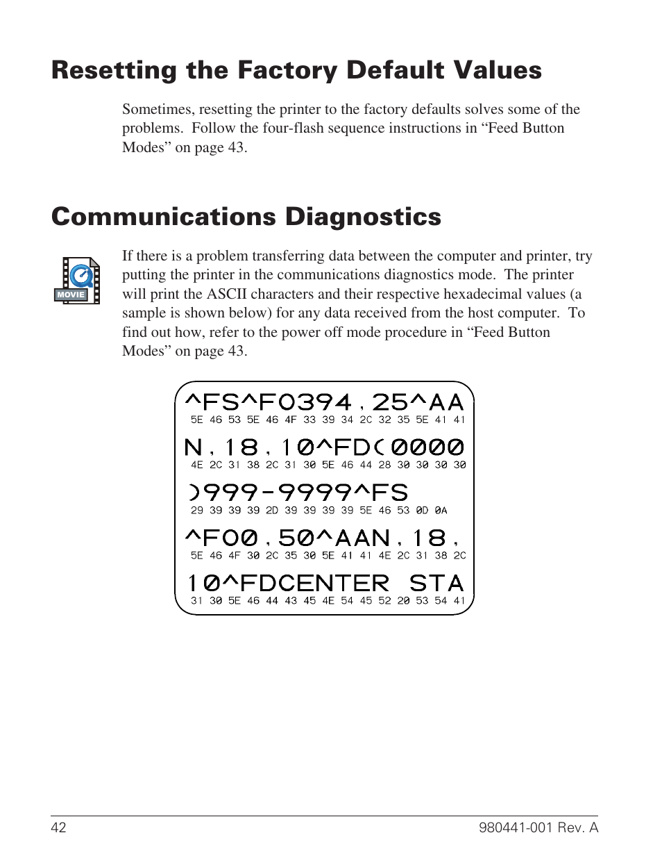 Resetting the factory default values 42, Communications diagnostics 42,  Defaulting the printer 42 | Zebra Technologies TLP 3844-Z User Manual |  Page 50 / 68