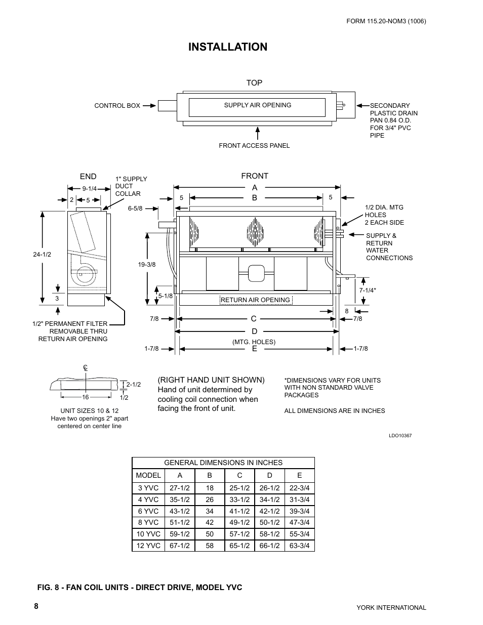 Installation | York FAN COIL YWC User Manual | Page 8 / 12