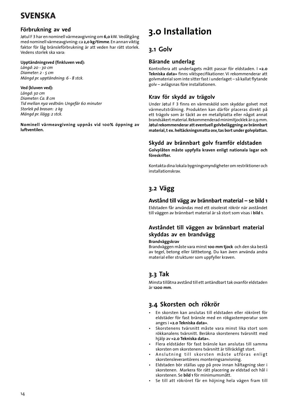 0 installation, Svenska, 1 golv | Jotul F3 User Manual | Page 14 / 56 |  Original mode