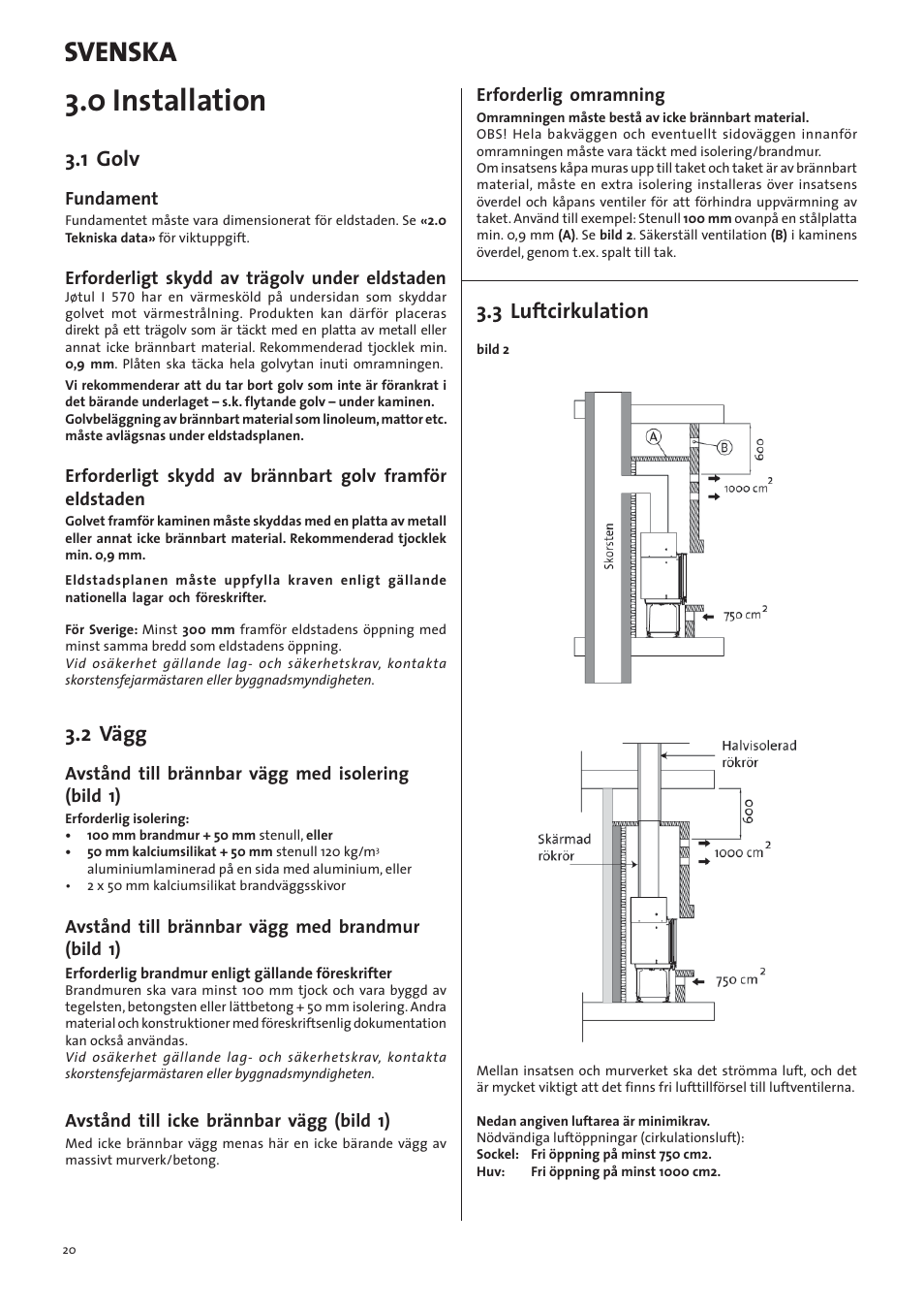 0 installation, Svenska, 1 golv | Jotul I570 User Manual | Page 20 / 88 |  Original mode