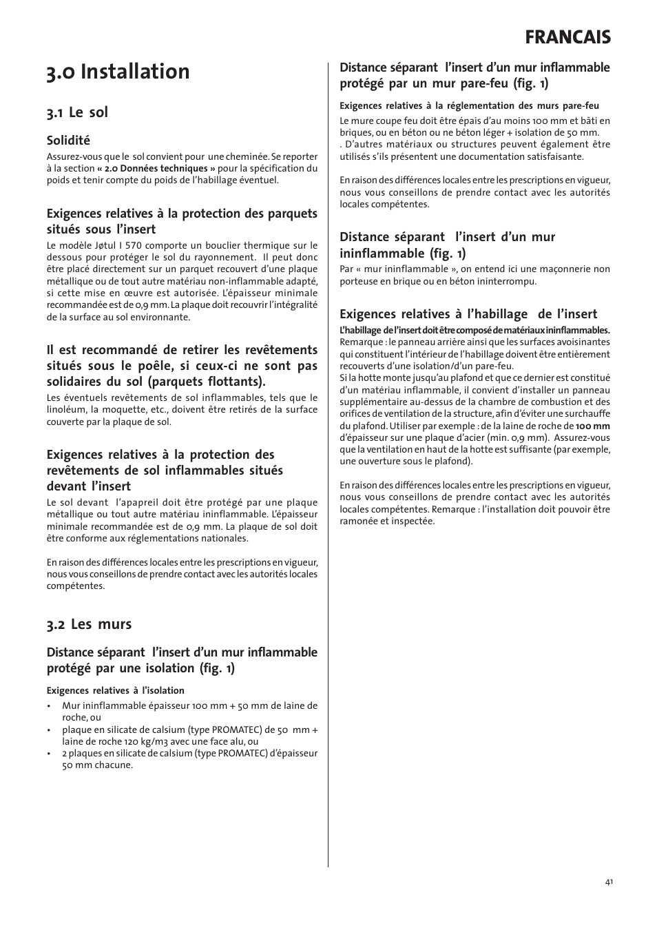 0 installation, Francais, 1 le sol | Jotul I570 User Manual | Page 41 / 88  | Original mode