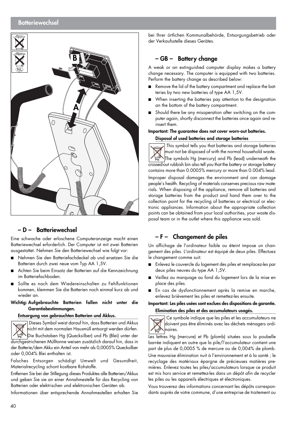 Gb – battery change, F – changement de piles, D – batteriewechsel | Kettler  Golf M (maintenance) User Manual | Page 16 / 24 | Original mode
