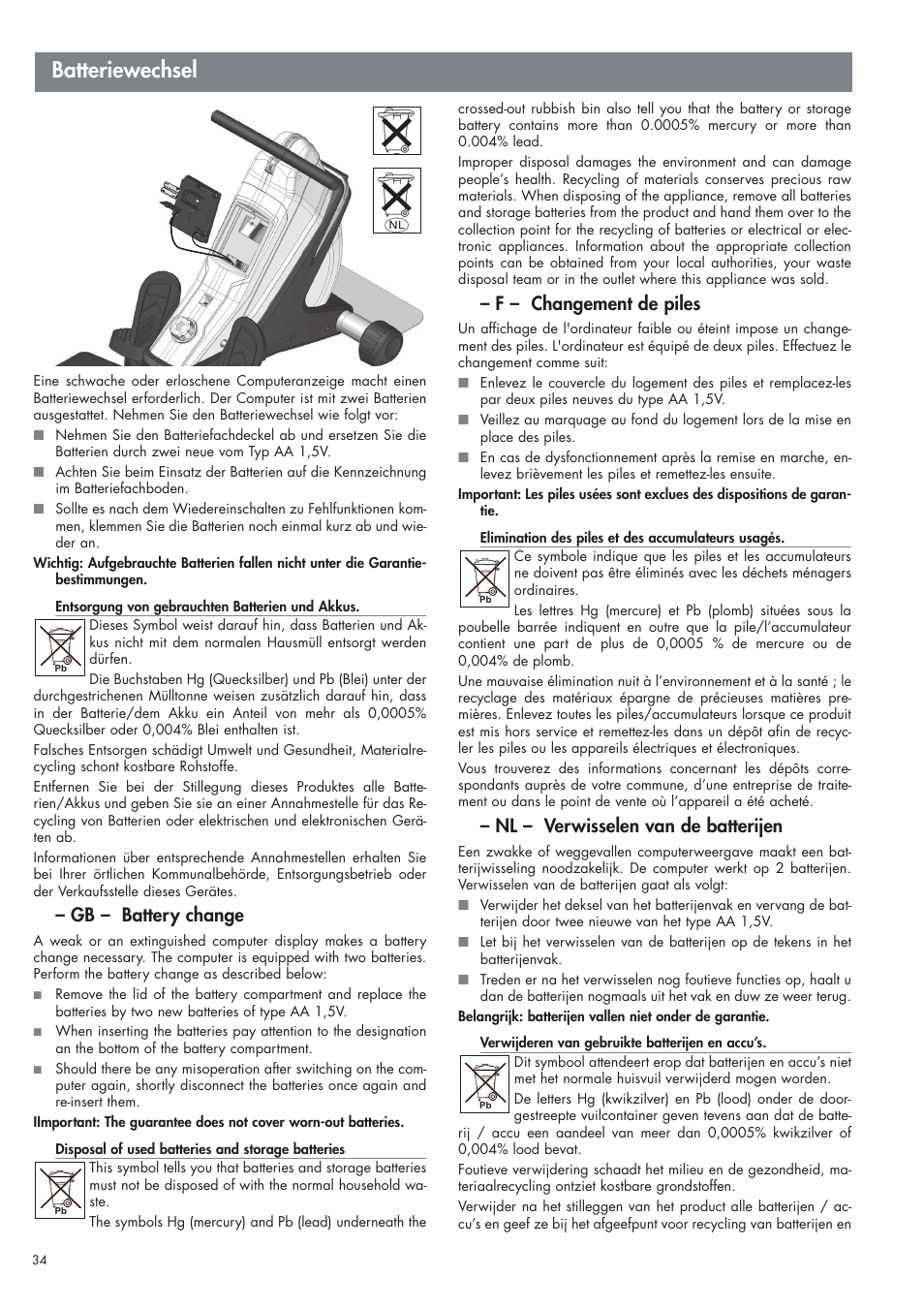 Batteriewechsel, Gb – battery change, F – changement de piles | Kettler  Coach M (maintenance) User Manual | Page 12 / 17 | Original mode
