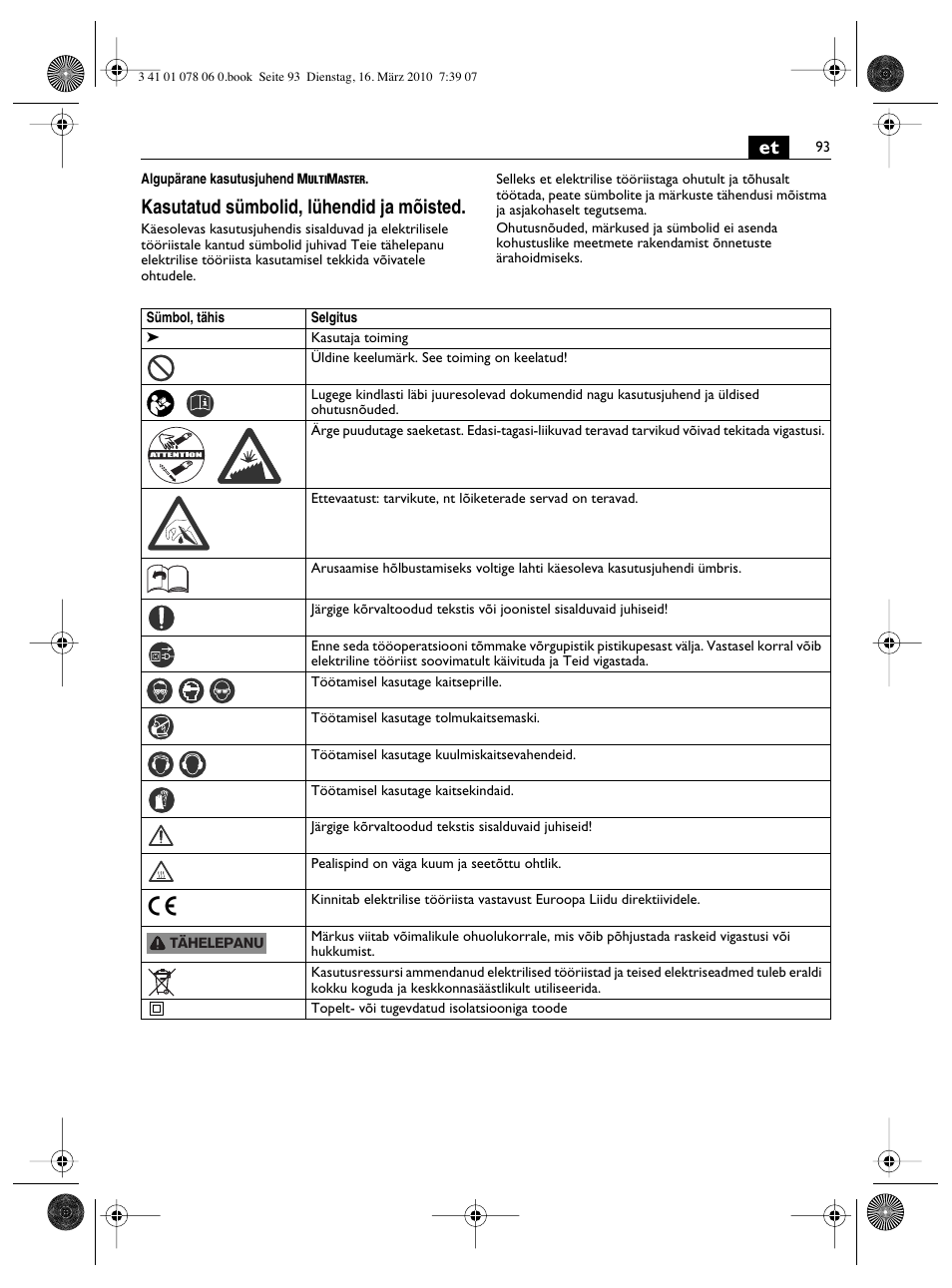 Kasutatud sümbolid, lühendid ja mõisted | Fein MultiMaster Marine User  Manual | Page 93 / 107