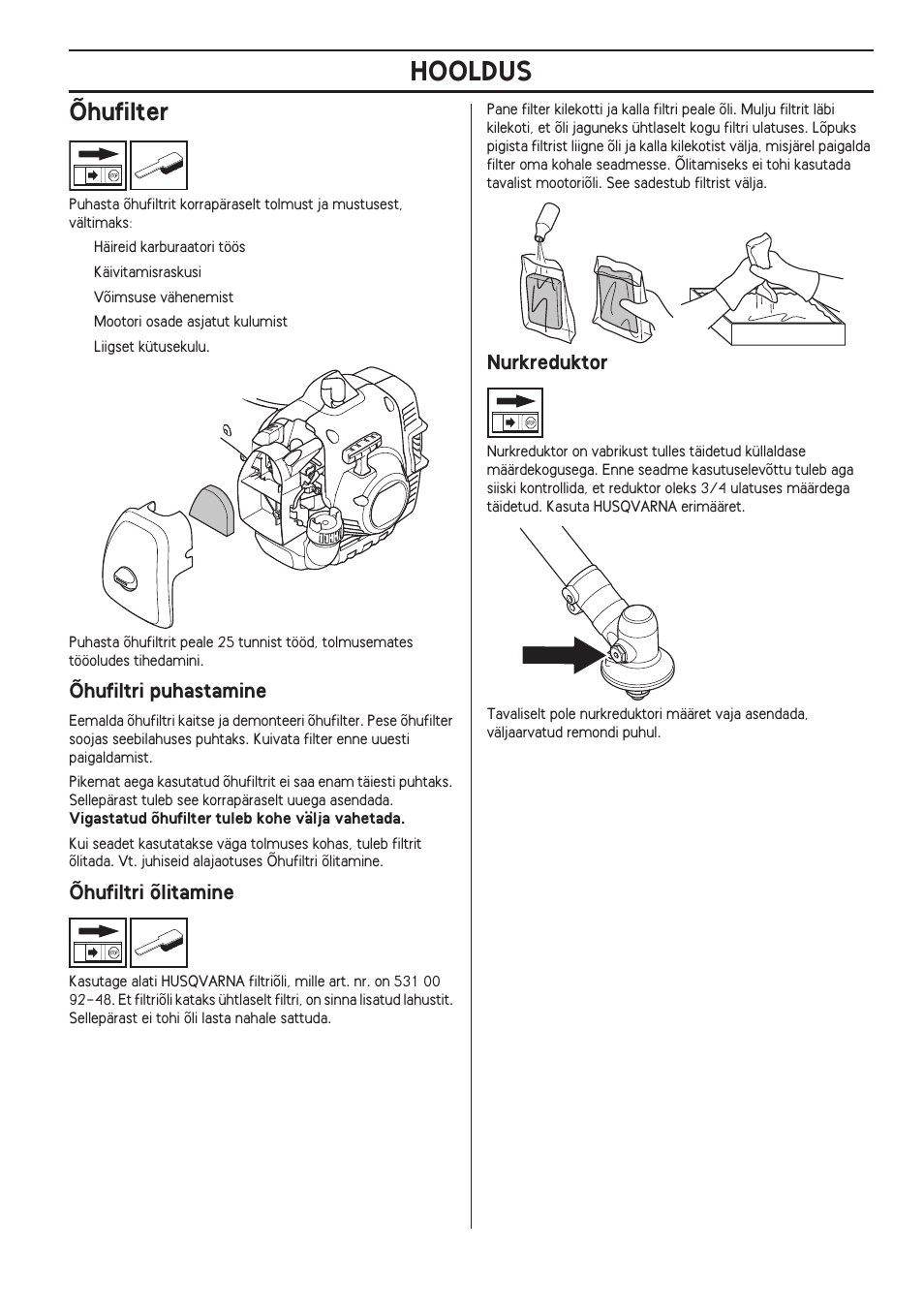 Õhufilter, Õhufiltri puhastamine, Õhufiltri õlitamine | Husqvarna 122LD  User Manual | Page 271 / 642