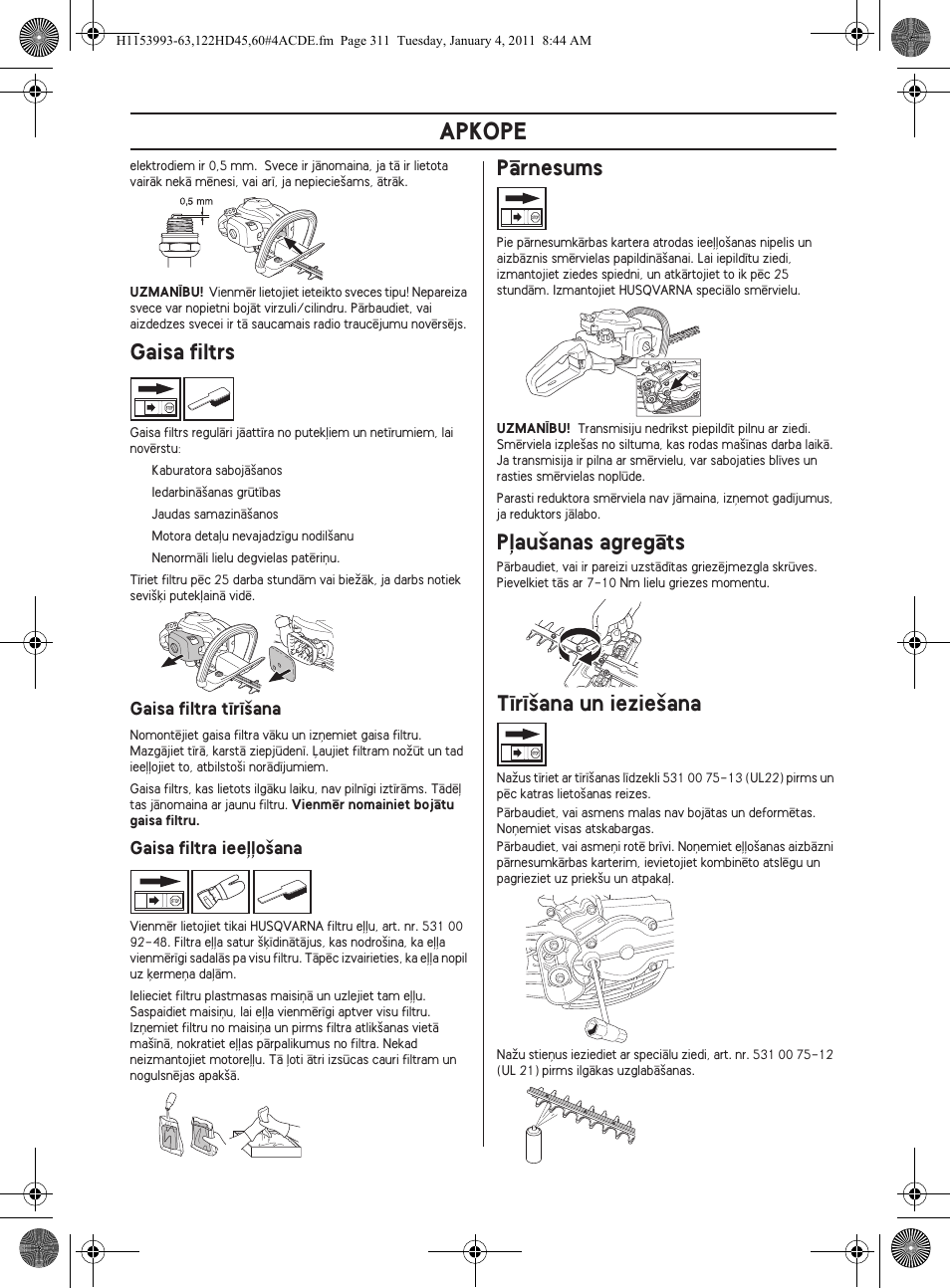 Apkope, Gaisa filtrs, Pçrnesums | Husqvarna 122HD60 User Manual | Page 311  / 532