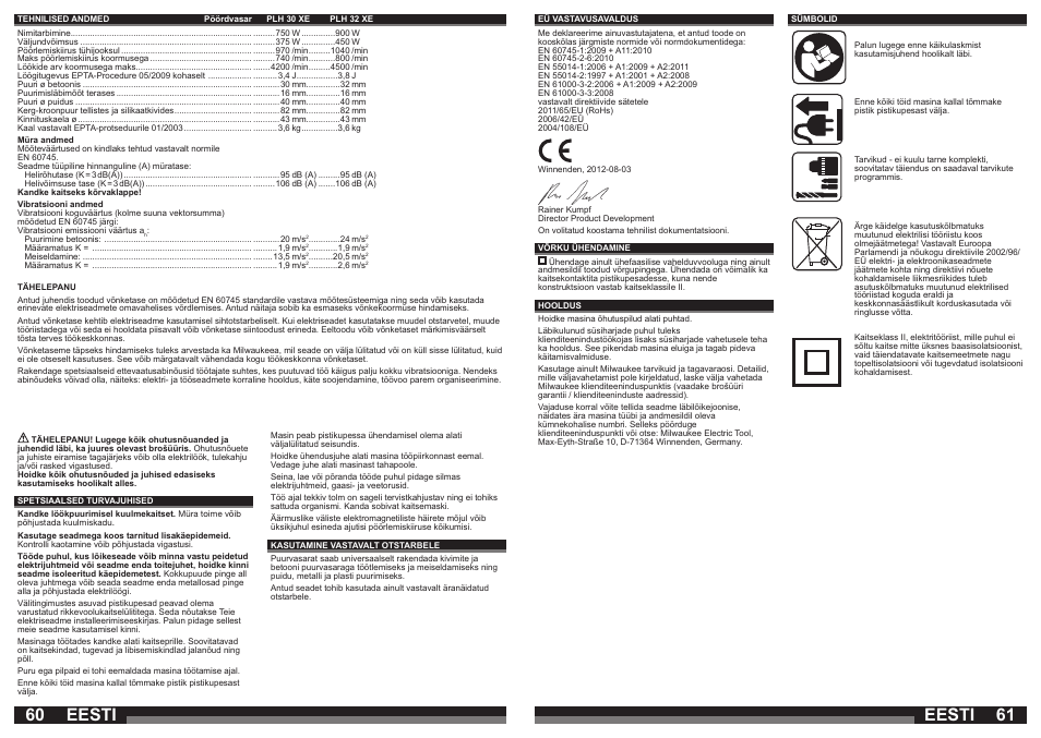 Eesti | Milwaukee PLH 30 XE User Manual | Page 31 / 37
