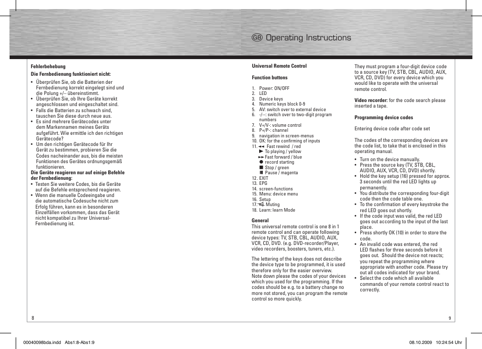 G operating instructions | Hama Remote Control Universal 8in1 User Manual |  Page 5 / 30