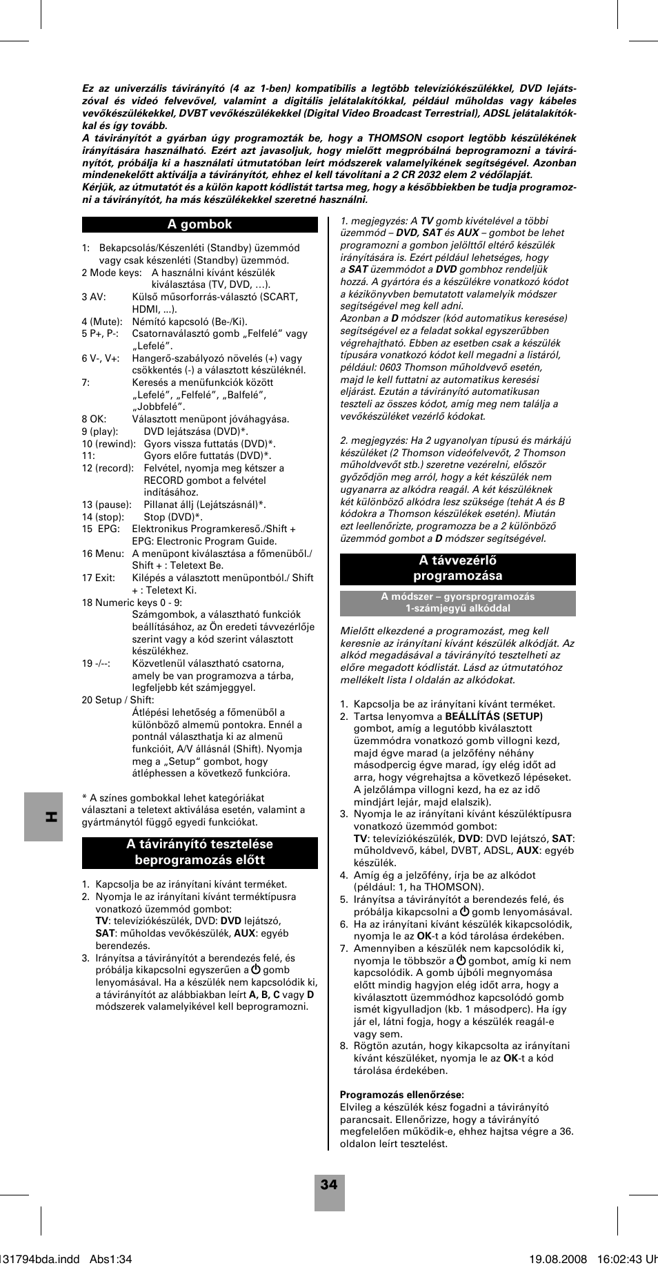 A távvezérlő programozása | Hama ROC4228 User Manual | Page 39 / 54