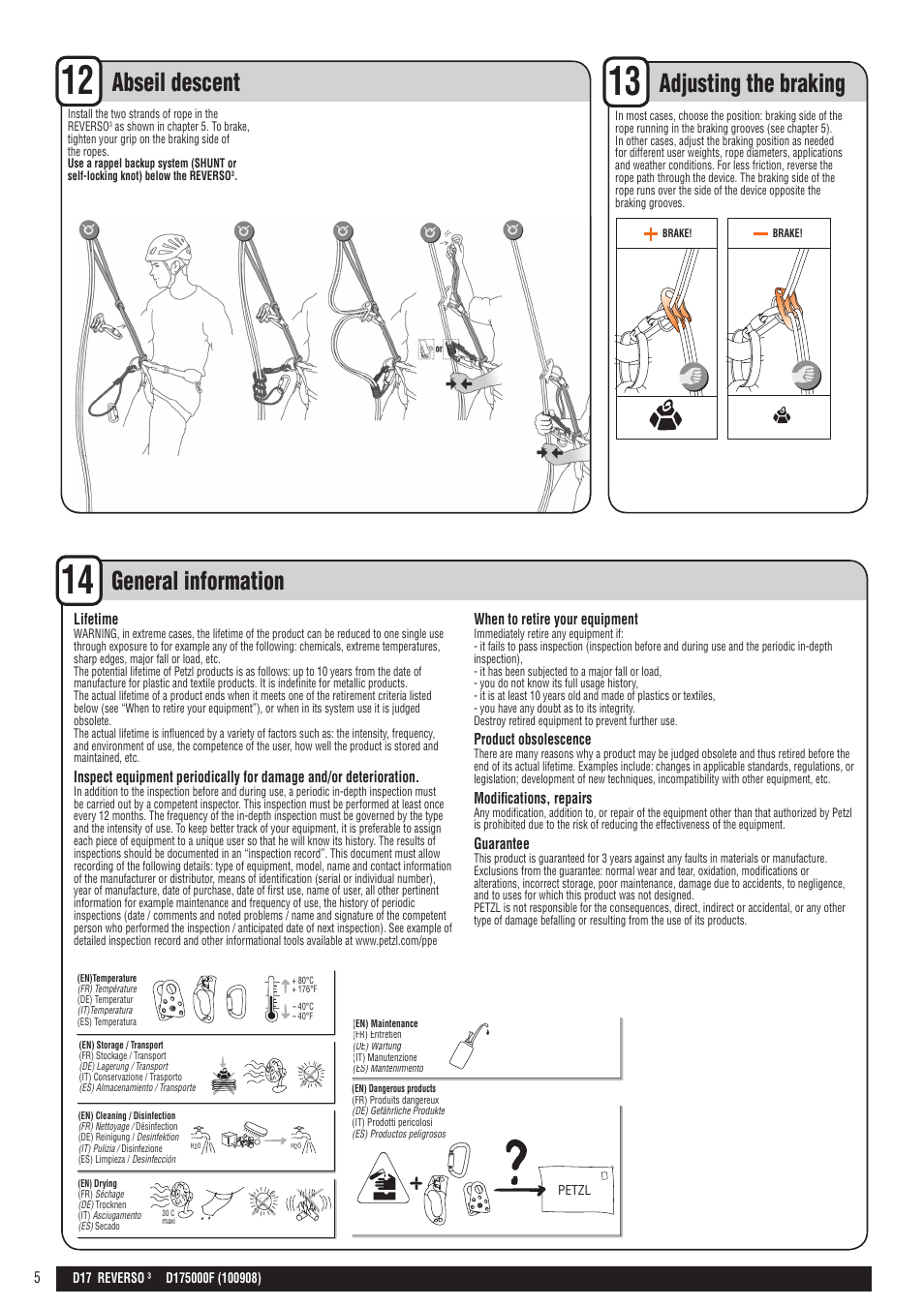 En + drawings, General information, Adjusting the braking | Petzl REVERSO 3  User Manual | Page 5 / 25 | Original mode