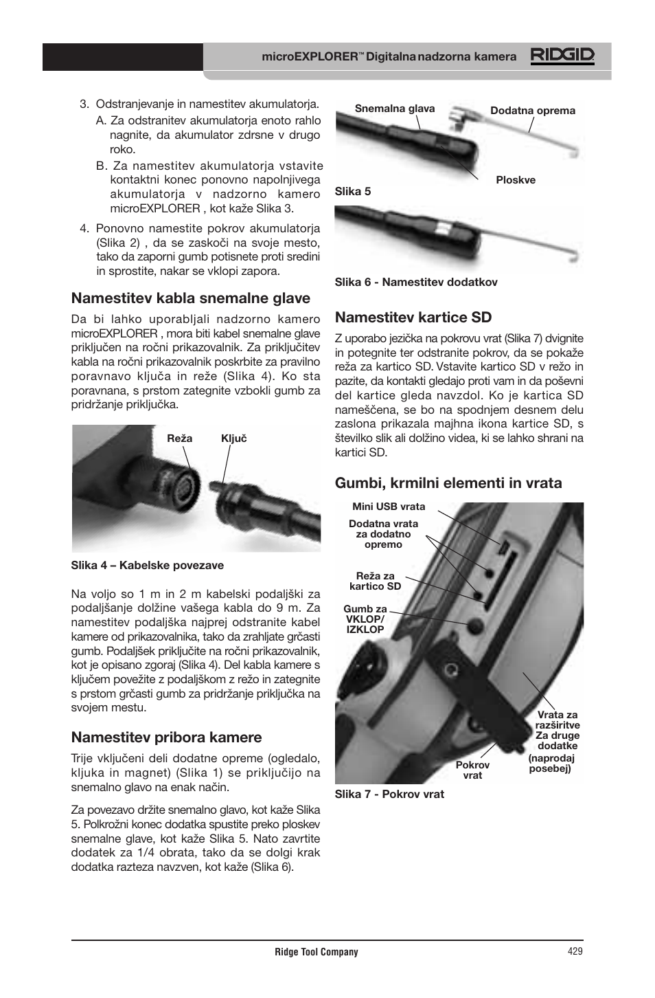 Namestitev kabla snemalne glave, Namestitev pribora kamere, Namestitev  kartice sd | RIDGID micro EXPLORER User Manual | Page 413 / 449 | Original  mode