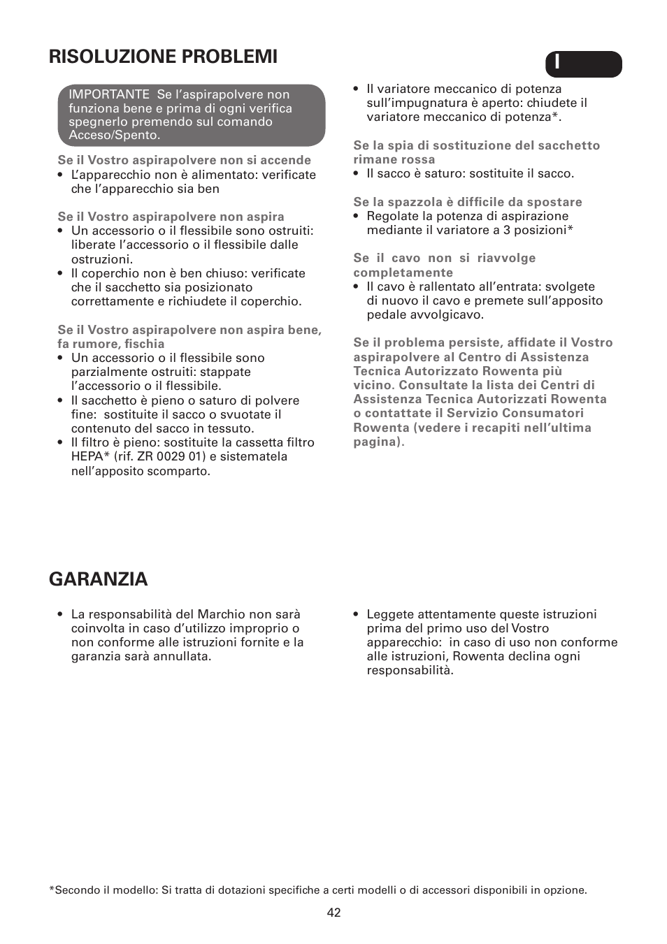 Risoluzione problemi, Garanzia | ROWENTA SILENCE FORCE UPGRADE RO4627 User  Manual | Page 42 / 69